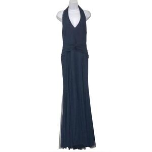 Vera wang navy v neck organza gown with open back and ruching
